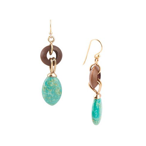 Barse Precious Genuine Green Turquoise and Wood Golden Bronze Oval Earrings