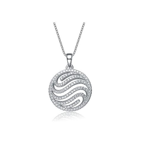 Genevive Cubic Zirconia Sterling Silver White Gold Plated Swirl Design Round Drop Pendant