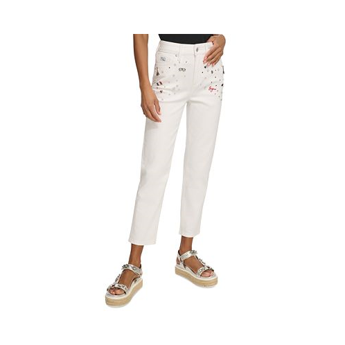 KARL LAGERFELD PARIS Womens Embellished Straight-Fit Jeans