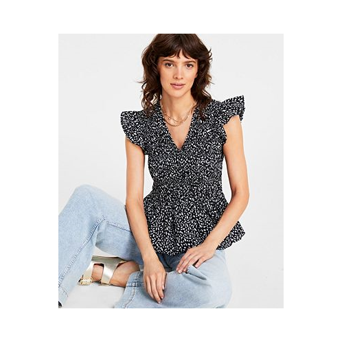 On 34th Womens Ruffle-Sleeve Printed Peplum Top