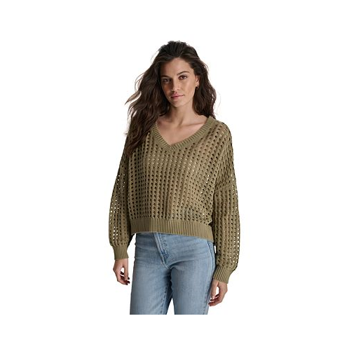 DKNY Jeans Womens V-Neck Open-Stitch Cotton Sweater