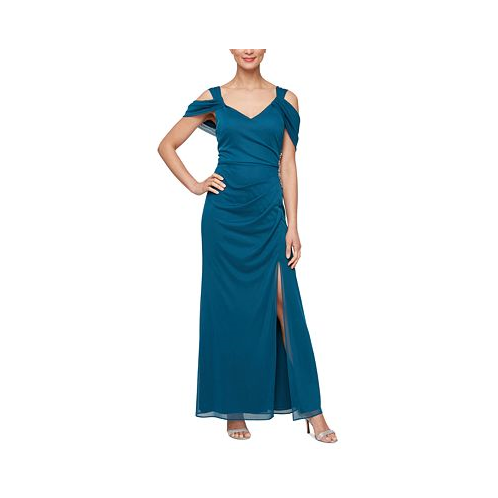 Alex Evenings Womens Embellished Draped Cold Shoulder Gown