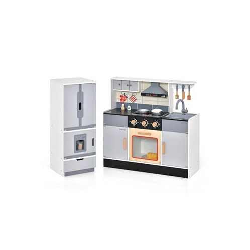 Slickblue Wooden Chef Play Kitchen and Refrigerator with Realistic Range Hood and Roaster