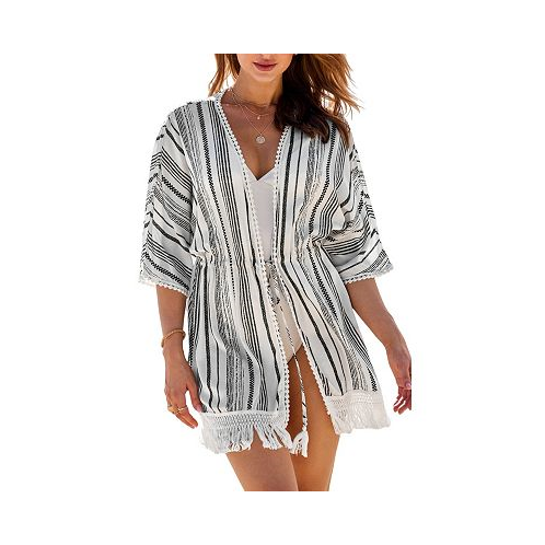CUPSHE Womens Striped Open Front Tassel Hem Cover-Up