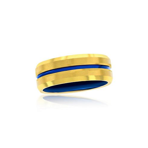 Metallo Gold & Blue Stripe Tungsten Ring - Matte & Polished