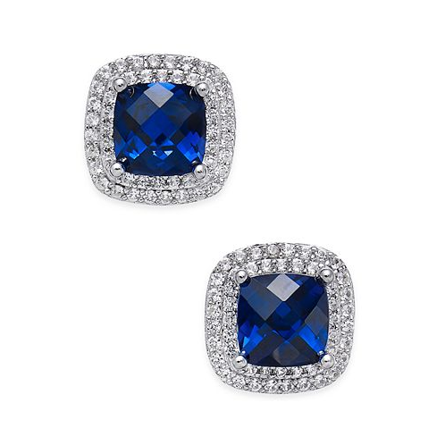 Macys Lab-Grown Sapphire (2-1/6 ct. t.w.) and White Sapphire (1/3 ct. t.w.) Square Stud Earrings in Sterling Silver