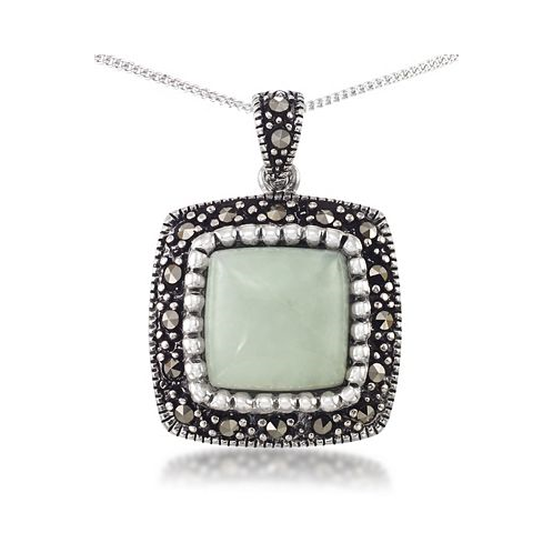 Macys Jade (11 x 11mm) & Marcasite Square Pendant on 18 Chain in Sterling Silver