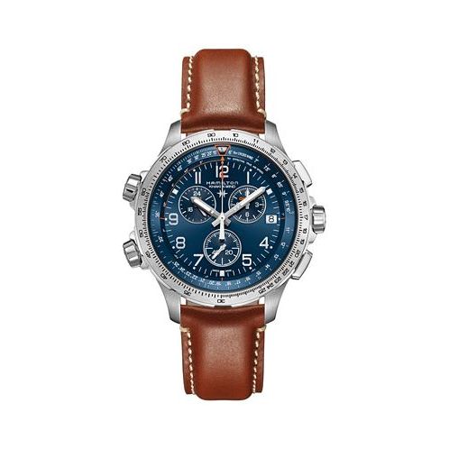 Hamilton Mens Swiss Chronograph Khaki X-Wind GMT Brown Leather Strap Watch 46mm