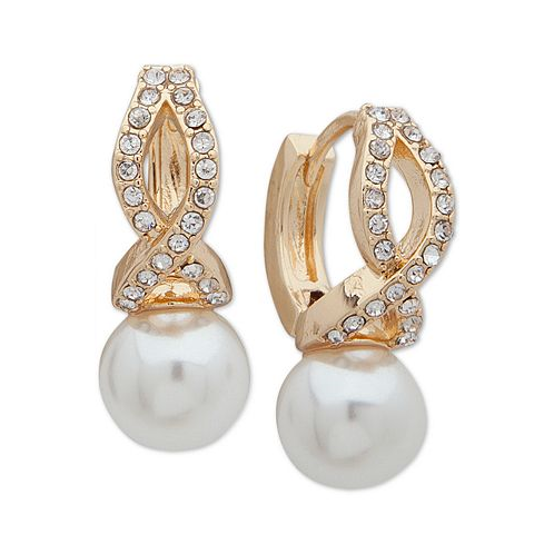 Anne Klein GOLD-TONE IMITATION PEARL AND CRYSTAL HUGGIE DROP EARRINGS