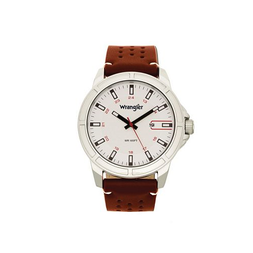 Wrangler Mens 48MM Silver Case with White Dial White Index Markers Sand Satin Dial Analog Date Function Red Second Hand Brown Strap with White Accent Stitch