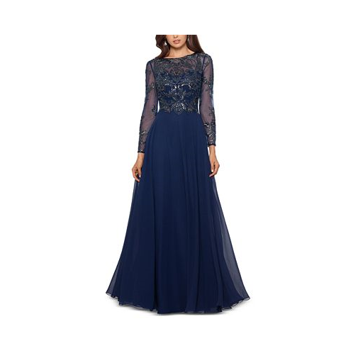 XSCAPE Womens Sequin Embellished Long Sleeve Chiffon Gown
