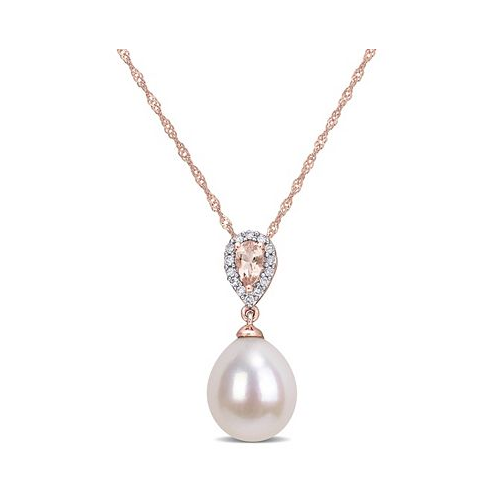 Macys Freshwater Cultured Pearl (9-9.5mm) Morganite (1/4 ct. t.w.) and Diamond-Accent 17 Necklace in 10k Rose Gold