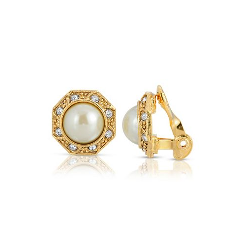 2028 Gold Tone Imitation Pearl Crystal Round Button Clip Earring