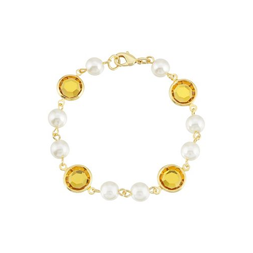 2028 Gold-Tone Imitation Pearl with Yellow Channels Link Bracelet