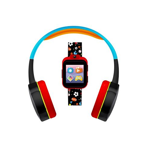 Playzoom Kids Black Sports Print Tpu Strap Smart Watch with Headphones Set 41mm