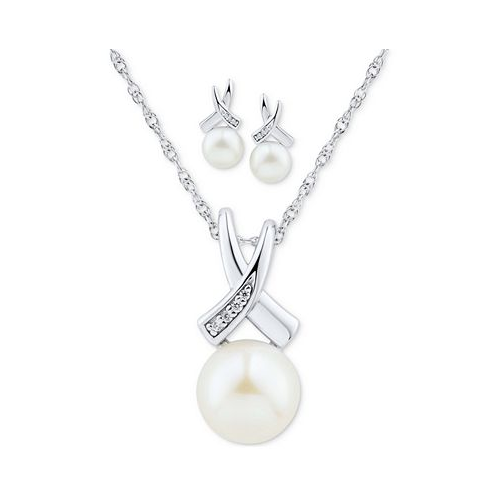 Macys 2-Pc. Set Cultured Freshwater Pearl (7 & 8mm) & Diamond Accent 18 Pendant Necklace & Matching Stud Earrings in Sterling Silver