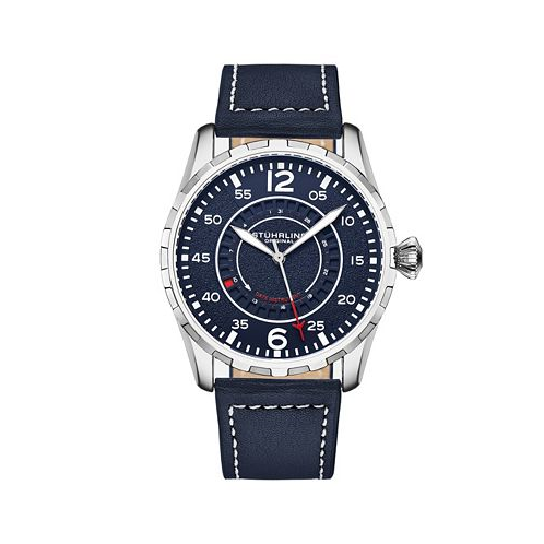 Stuhrling Mens Quartz Blue Genuine Leather with White Contrast Stitching Strap Watch 44mm