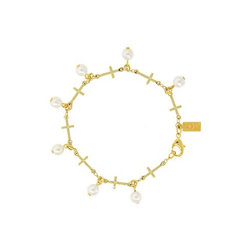 Symbols of Faith 14K Gold Dipped Multi Cross Imitation Pearl Link Bracelet