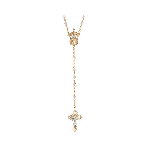 Symbols of Faith 14K Gold-Dipped Crystal Two Rings and Cross Medallion Wedding Rosary