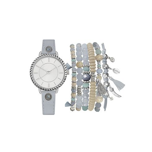 Jessica Carlyle Womens Analog Gray Strap Watch 32mm with Beaded Bracelets Set