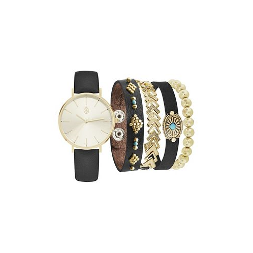 Jessica Carlyle Womens Analog Black Strap Watch 36mm with Black and Gold-Tone Bracelets Set