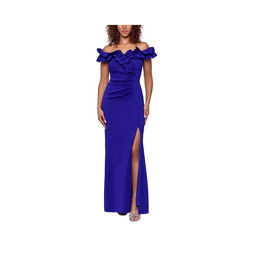 XSCAPE Ruffled Ruched Scuba Fit & Flare Gown