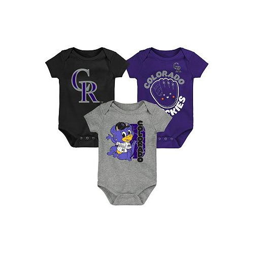Outerstuff Newborn and Infant Boys and Girls Black Purple Gray Colorado Rockies Change Up 3-Pack Bodysuit Set