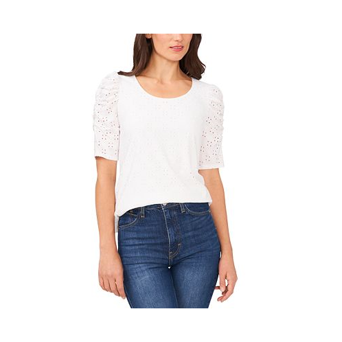 CeCe Womens Short Sleeve Eyelet-Embroidered Knit Top