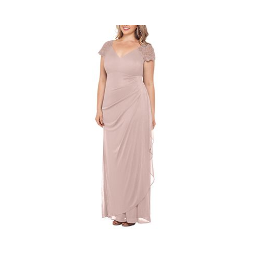 XSCAPE Plus Size Lace-Shoulder Gown