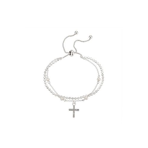 Unwritten Fine Silver Plated Crystal Cross and Genuine Pearl Double Strand Bolo Bracelet