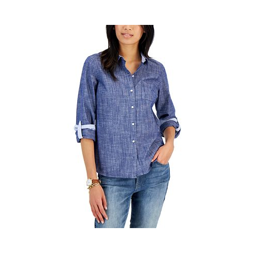 Tommy Hilfiger Womens Cotton Printed Roll-Tab Utility Shirt