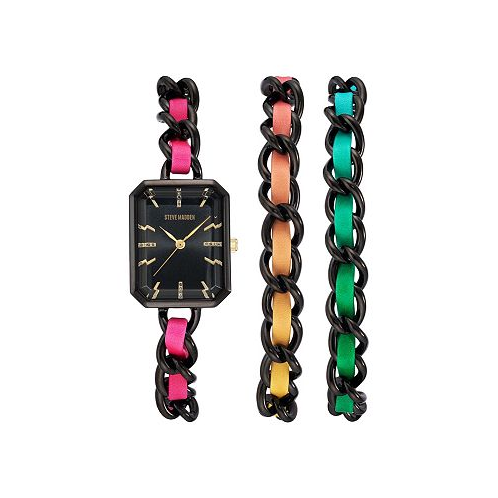 Steve Madden Womens Rainbow Polyurethane Leather Strap with Attached Black-Tone Chain Watch Set 22X28mm