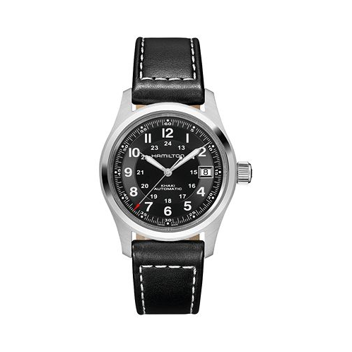 Hamilton Mens Swiss Automatic Khaki Field Black Leather Strap Watch 38mm