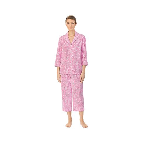 POLO Ralph Lauren Womens 3/4 Sleeve Cotton Notch Collar Capri Pant Pajama Set