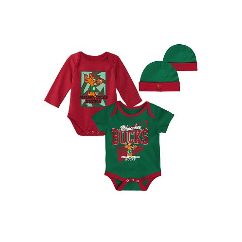 Mitchell & Ness Infant Boys and Girls Hunter Green Red Milwaukee Bucks Hardwood Classics Bodysuits and Cuffed Knit Hat Set