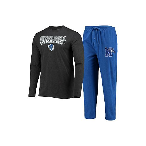 Concepts Sport Mens Blue Heathered Charcoal Seton Hall Pirates Meter Long Sleeve T-shirt and Pants Sleep Set