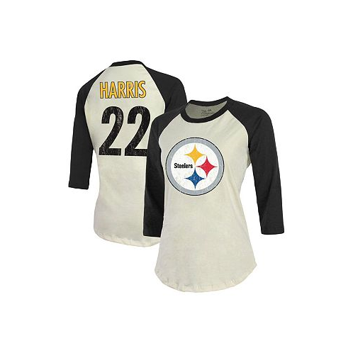 Majestic Womens Threads Najee Harris Cream Black Pittsburgh Steelers Player Name and Number Raglan 3/4-Sleeve T-shirt
