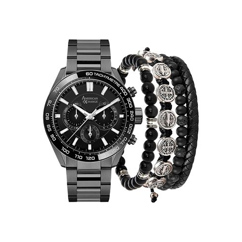 American Exchange Mens Gunmetal Alloy Bracelet Watch 45mm Gift Set