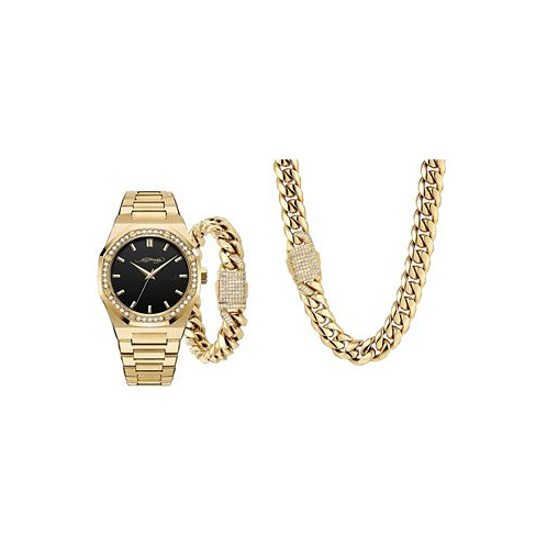 Ed Hardy Mens Shiny Gold-Tone Metal Bracelet Watch 42mm Gift Set