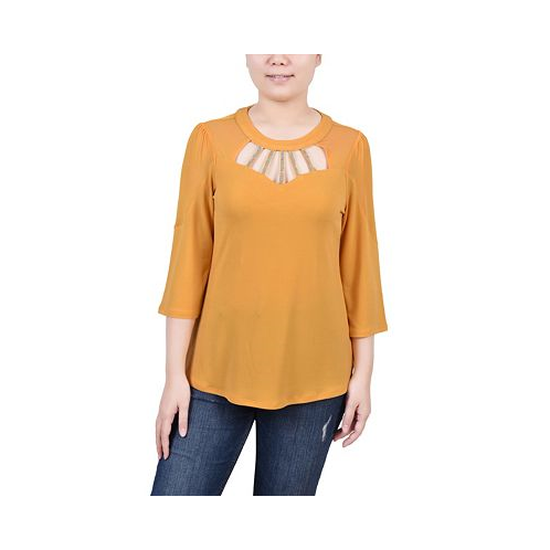 NY Collection Petite 3/4 Sleeve Top with Neckline Cutouts and Stones