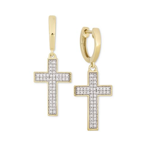 Macys Mens Diamond Cross Dangle Huggie Hoop Earrings (1/4 ct. t.w.) in 10k Gold