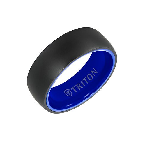 Triton Mens Rounded Edge Wedding Band in Blue Ceramic & Raw Black Tungsten Carbide