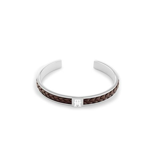 Tommy Hilfiger Mens Braided Brown Leather and Stainless Steel Bracelet