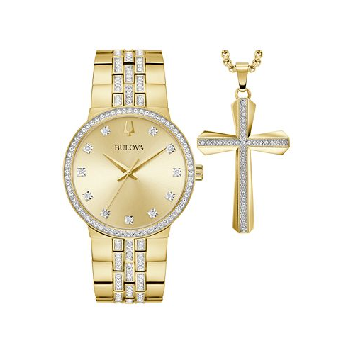 Bulova Mens Crystal Gold-Tone Stainless Steel Bracelet Watch 40mm & Necklace Box Set