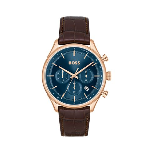 Hugo Boss Mens Gregor Quartz Chronograph Brown Mock Genuine-Grained Leather Strap Watch 45mm