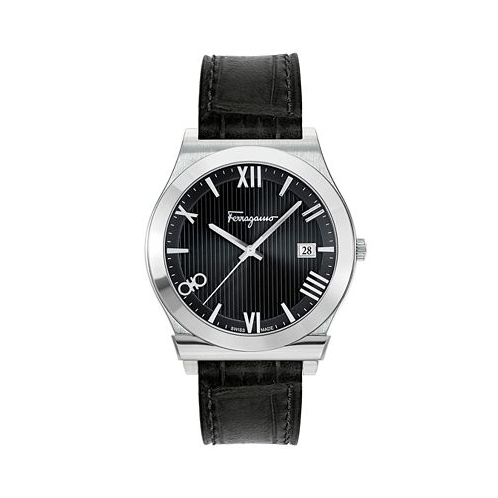 Ferragamo Salvatore Mens Swiss Gancini Black Leather Strap Watch 41mm