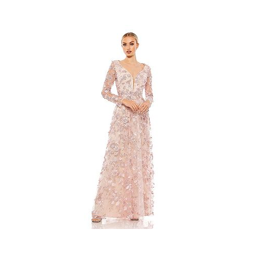 Mac Duggal Womens Floral Applique Long Sleeve Illusion Gown