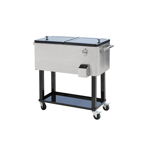 Outsunny 80 QT Rolling Cooling Bins Ice Chest on Wheels Outdoor Stand Up Drink Cooler Cart for Party Stainless Steel