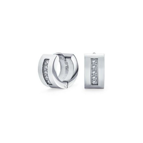Bling Jewelry Unisex Channel Set 3 Row Cubic Zirconia CZ K-pop Wide Mini Hoop Huggie Earrings For Men For Women Silver Plated Steel Stainless