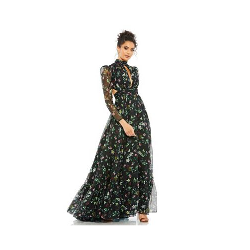 Mac Duggal Womens Floral Print High Neck Keyhole Lace Up Gown